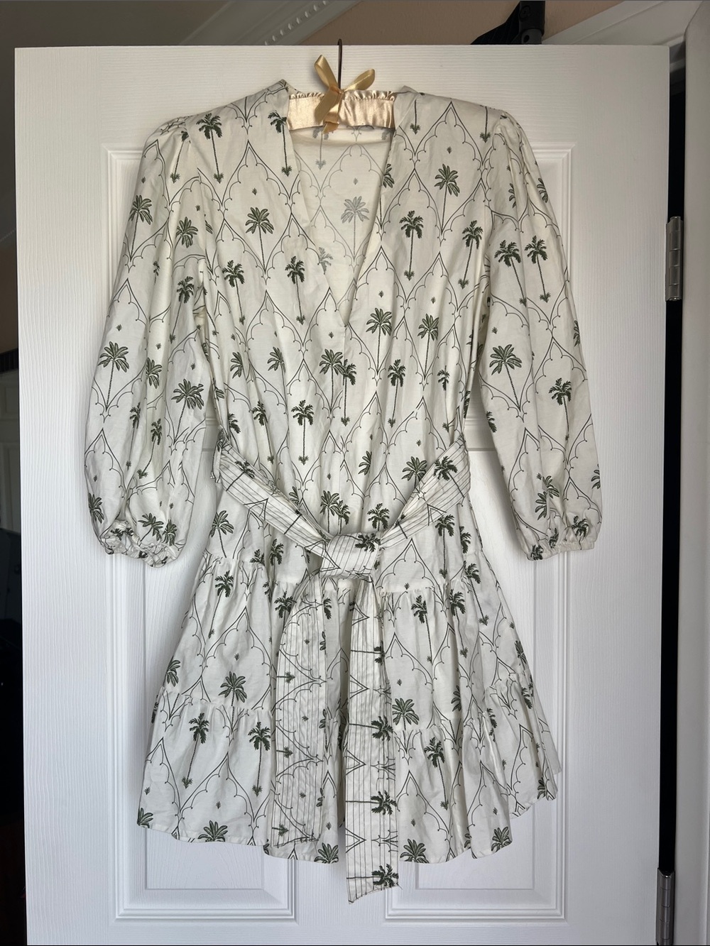 Zara Cream Mini Wrap Dress with Green Palm Print